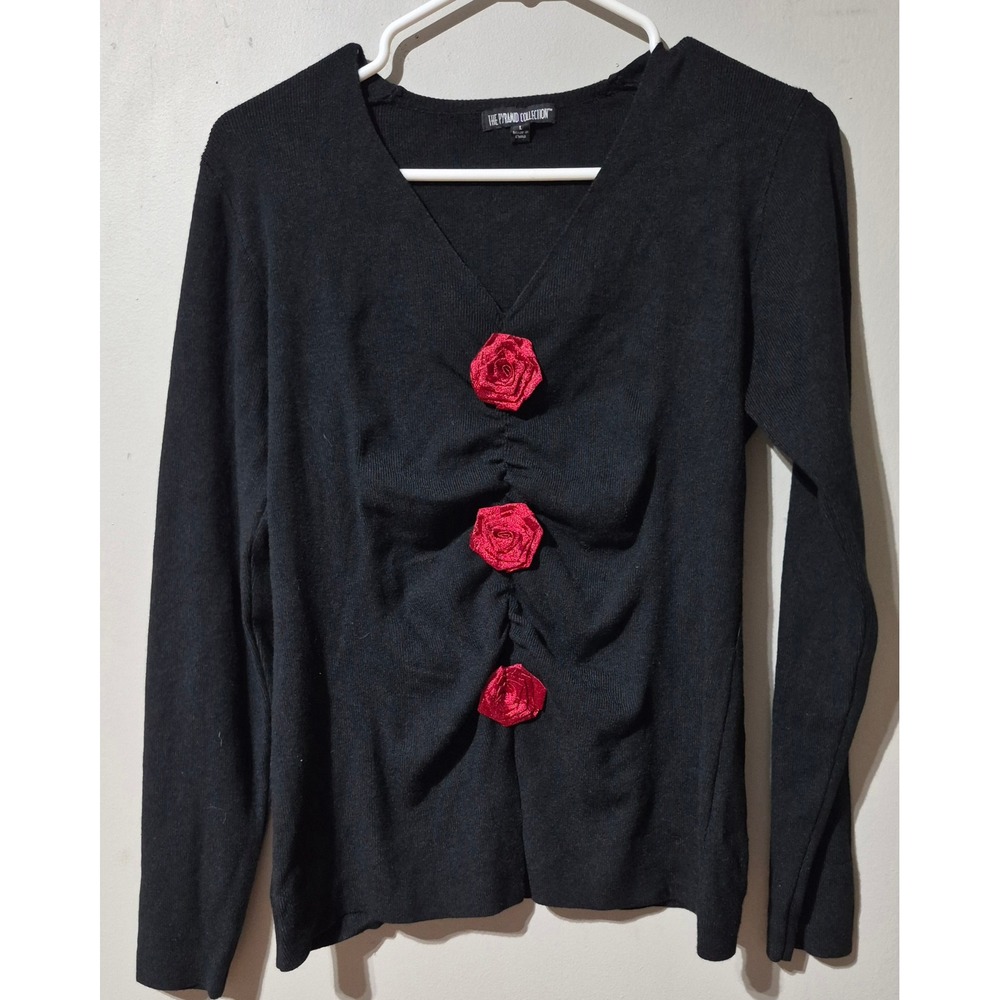 The Pyramid Collection Black Rose Ruched V-Neck Sweater Large Gothic Romantic